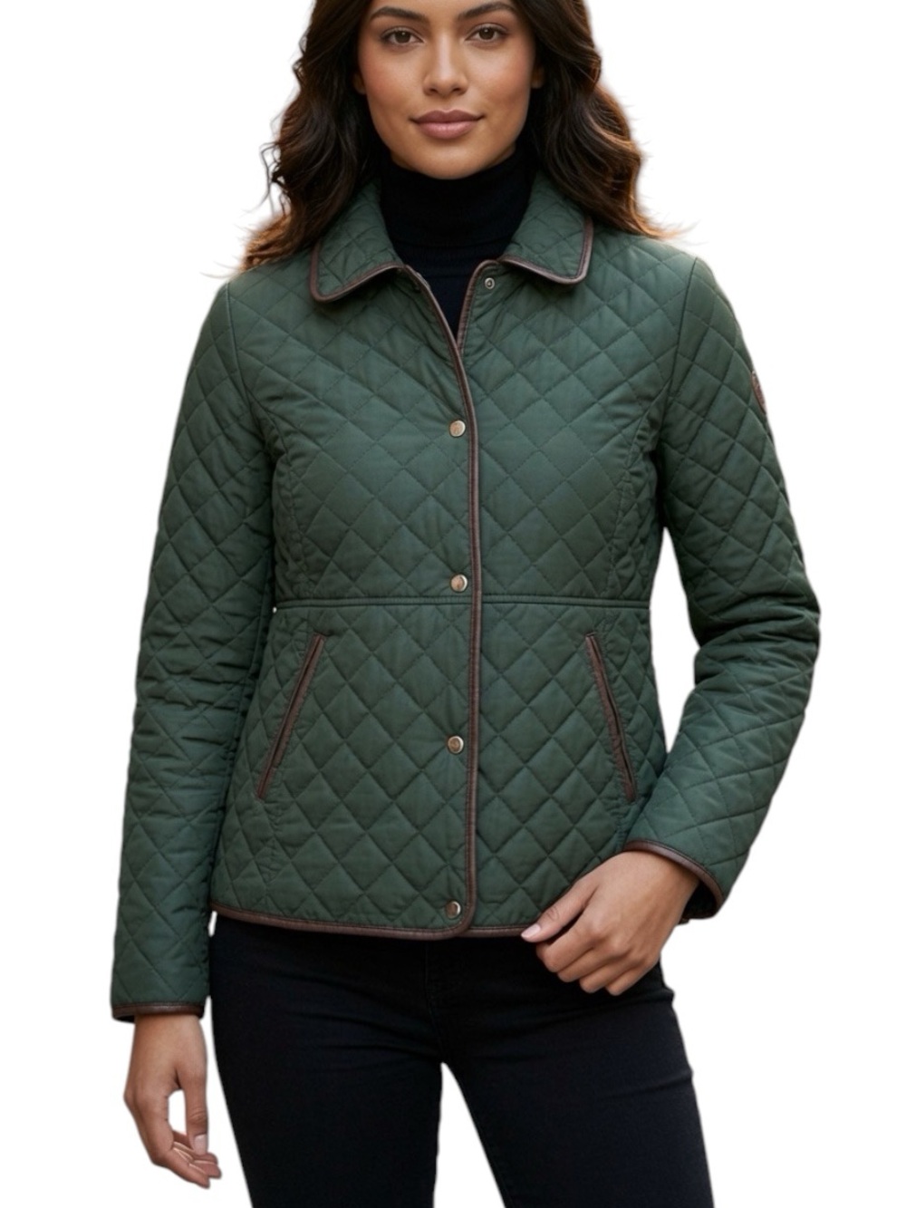 LAUREN RALPH LAUREN: Green Quilted Faux Leather Puffer Jacket -Size Large